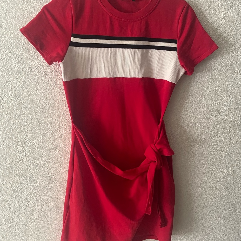 Red and White Asymmetrical Ruched Mini Dress